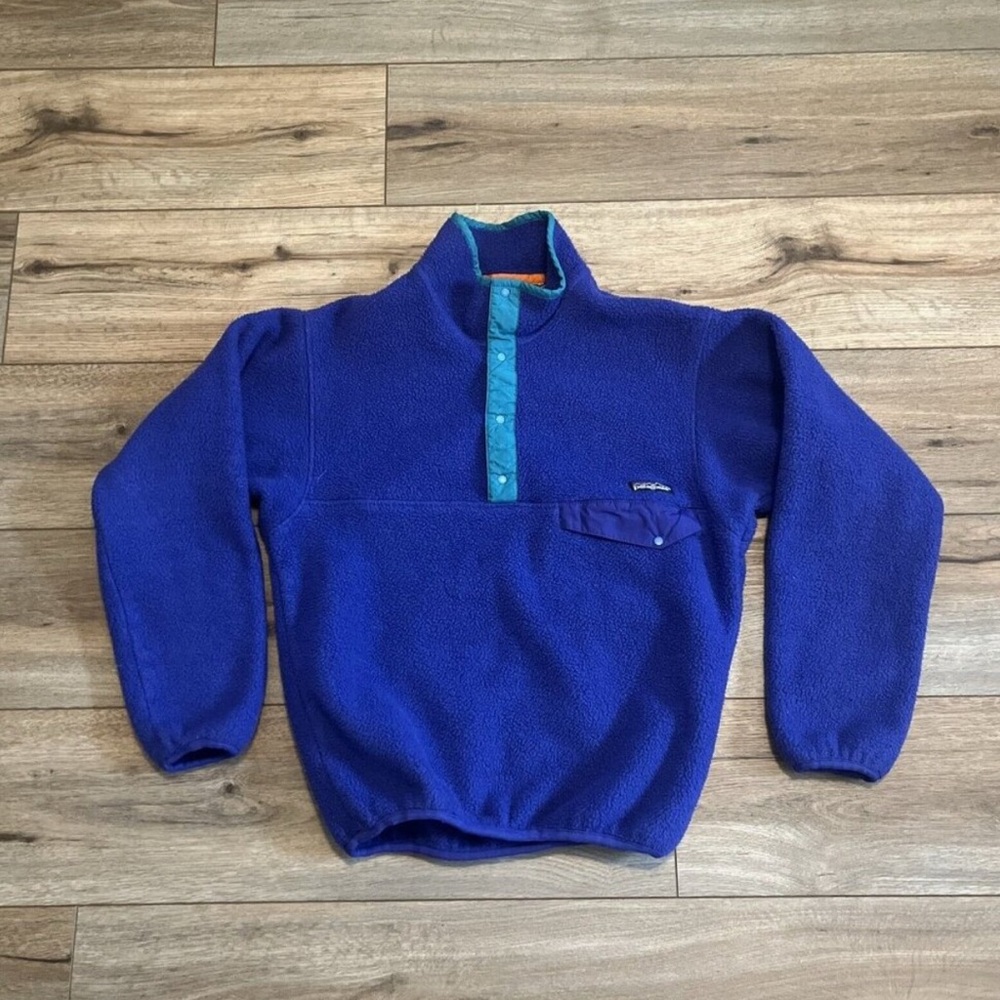 Women's Patagonia 1/2 Button Fleece Pullover SZ XS Blue Jacket Logo Vintage Snap